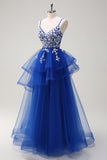 Robe de soirée longue à appliques bleu royal avec paillettes