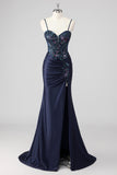 Sparkly Navy Sirène Sirène Paillettes Ruché Corset Robes De Soirée Longue avec Fente