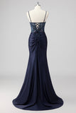 Sparkly Navy Sirène Sirène Paillettes Ruché Corset Robes De Soirée Longue avec Fente