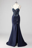 Sparkly Navy Sirène Sirène Paillettes Ruché Corset Robes De Soirée Longue avec Fente