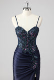 Sparkly Navy Sirène Sirène Paillettes Ruché Corset Robes De Soirée Longue avec Fente