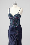 Sparkly Navy Sirène Sirène Paillettes Ruché Corset Robes De Soirée Longue avec Fente