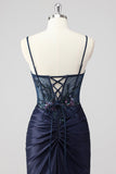 Sparkly Navy Sirène Sirène Paillettes Ruché Corset Robes De Soirée Longue avec Fente