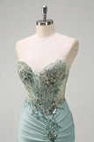 Sparkly Navy Sirène Sirène Paillettes Ruché Corset Robes De Soirée Longue avec Fente