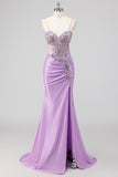 Gris scintillant sirène sirène sans bretelles à paillettes Corset froncé longue robe de Soirée avec fente