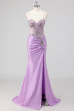 Sirène violette spaghetti bretelles Corset Sequin Robe longue de bal