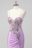 Gris scintillant sirène sirène sans bretelles à paillettes Corset froncé longue robe de Soirée avec fente