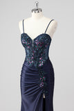 Gris scintillant sirène sirène sans bretelles à paillettes Corset froncé longue robe de Soirée avec fente