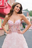 Princesse scintillante rose bustier corset floral longue robe de bal avec paillettes