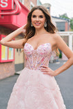 Princesse scintillante rose bustier corset floral longue robe de bal avec paillettes