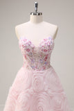 Princesse rose scintillante sans bretelles floral corset longue robe de Soirée avec paillettes