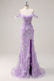 Robe de soirée corset longue sirène lilas à épaules dénudées avec fente d’appliques 3D