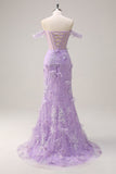 Robe de soirée corset longue sirène lilas à épaules dénudées avec fente d’appliques 3D