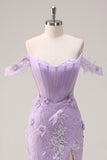 Robe de soirée corset longue sirène lilas à épaules dénudées avec fente d’appliques 3D