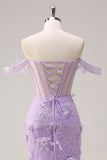 Robe de soirée corset longue sirène lilas à épaules dénudées avec fente d’appliques 3D