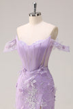 Robe de soirée corset longue sirène lilas à épaules dénudées avec fente d’appliques 3D