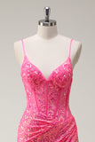 Robe de soirée sirène corset à paillettes rose vif scintillante avec fente