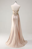 Robe de soirée bustier sirène champagne en satin sur le côté avec paillettes