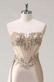 Robe de soirée bustier sirène champagne en satin sur le côté avec paillettes