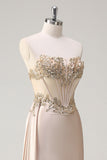 Robe de soirée bustier sirène champagne en satin sur le côté avec paillettes