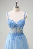 Bleu A-ligne scintillant Corset transparent à lacets dans le dos Robe de bal longue avec fente