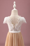 Robe de demoiselle d’honneur junior en dentelle Champagne A Line à manches courtes