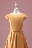 Robe de demoiselle d’honneur junior à col rond doré en mousseline de soie A ligne à manches courtes