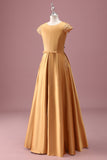 Robe de demoiselle d’honneur junior à col rond doré en mousseline de soie A ligne à manches courtes