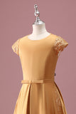 Robe de demoiselle d’honneur junior à col rond doré en mousseline de soie A ligne à manches courtes