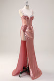 Blush Spaghetti Bretelles Sirène Métallisé Long Corset Robe de Bal avec Fente