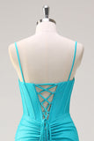 Bleu spaghetti bretelles Sirène Perle Longue Corset Robe de Bal avec Fente à Volants