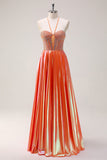 Robe de Soirée longue métallisée à perles orange scintillantes