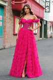 Robe de bal corset longue à épaules dénudées à plusieurs niveaux fuchsia avec perles