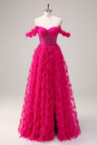 Robe de bal corset longue à épaules dénudées à plusieurs niveaux fuchsia avec perles