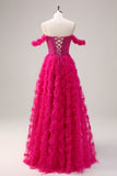 Robe de bal corset longue à épaules dénudées à plusieurs niveaux fuchsia avec perles