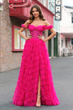 Robe de bal corset longue à épaules dénudées à plusieurs niveaux fuchsia avec perles