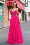 Robe de bal corset longue à épaules dénudées à plusieurs niveaux fuchsia avec perles