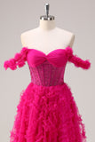 Robe de bal corset longue à épaules dénudées à plusieurs niveaux fuchsia avec perles