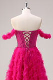 Robe de bal corset longue à épaules dénudées à plusieurs niveaux fuchsia avec perles