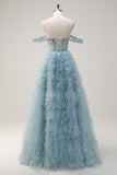 Dusty Blue Princess Off the Shoulder Sheer Corset Robe de Soirée Longue avec Volants