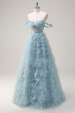 Dusty Blue Princess Off the Shoulder Sheer Corset Robe de Soirée Longue avec Volants
