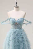 Dusty Blue Princess Off the Shoulder Sheer Corset Robe de Soirée Longue avec Volants