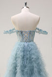 Dusty Blue Princess Off the Shoulder Sheer Corset Robe de Soirée Longue avec Volants