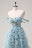 Dusty Blue Princess Off the Shoulder Sheer Corset Robe de Soirée Longue avec Volants
