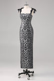 Robe formelle à bretelles en fourreau léopard gris scintillant