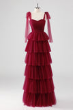 Bourgogne A Line Bretelles nouées Robe formelle en tulle à plusieurs niveaux