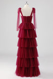 Bourgogne A Line Bretelles nouées Robe formelle en tulle à plusieurs niveaux