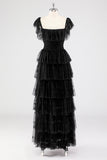 Robe formelle à plusieurs niveaux à col carré noir A Line