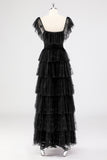 Robe formelle à plusieurs niveaux à col carré noir A Line