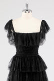 Robe formelle à plusieurs niveaux à col carré noir A Line